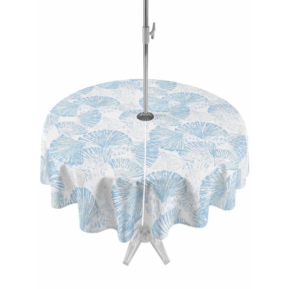 Outdoor Tablecloth with Umbrella Hole for Patio/Picnic/Party/Camping, Ocean Shell Waterproof Table Cloth Round Cover Washable, Summer Coastal Seashells Texture Light Blue (Dia 60")