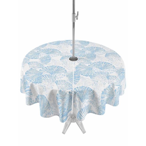 Outdoor Tablecloth with Umbrella Hole for Patio/Picnic/Party/Camping, Ocean Shell Waterproof Table Cloth Round Cover Washable, Summer Coastal Seashells Texture Light Blue (Dia 54")