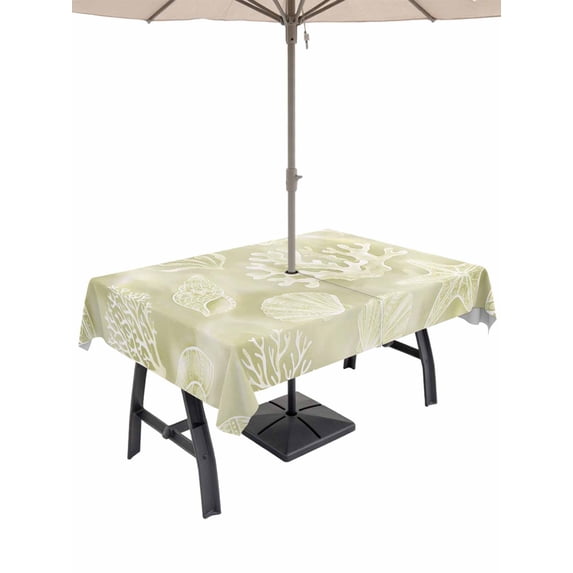 Outdoor Tablecloth with Umbrella Hole for Patio/Picnic/Party/Camping, Ocean Shells Waterproof Table Cloth Rectangle Table Cover Washable, Yellow Green Summer Coastal Starfish Conch (60"x 84")