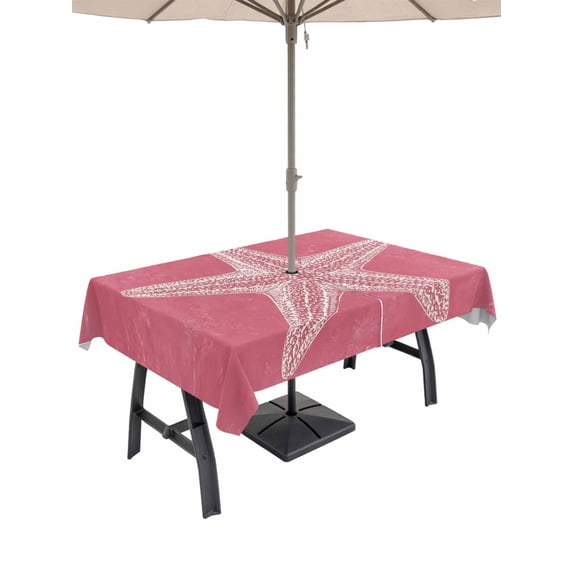 Outdoor Tablecloth with Umbrella Hole for Patio/Picnic/Party/Camping, Ocean Starfish Waterproof Table Cloth Rectangle Table Cover Washable, Summer Bohemia Coastal Beach Watercolor Pink (60"x 102")
