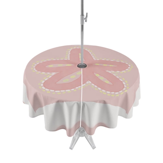 Outdoor Tablecloth with Umbrella Hole for Patio/Picnic/Party/Camping, Ocean Starfish Waterproof Table Cloth Round Cover Washable, Summer Coastal Cartoon Geometric Pink (Dia 54")