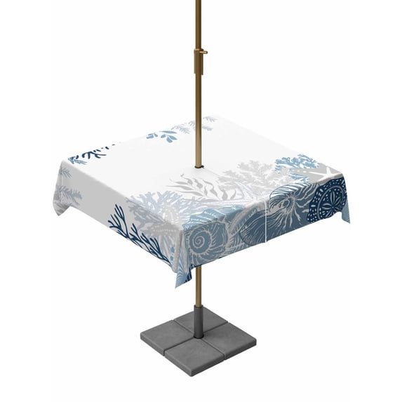Outdoor Tablecloth with Umbrella Hole for Patio/Picnic/Party/Camping, Ocean Starfish Waterproof Table Cloth Square Cover Washable, Coastal Weeping Corals Marine Conch Lake Blue (54"x 54")