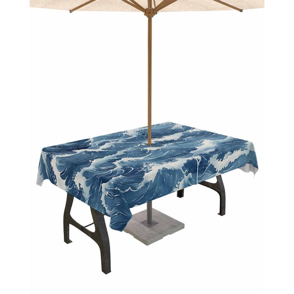 Outdoor Tablecloth with Umbrella Hole for Patio/Picnic/Party/Camping, Ocean Waves Waterproof Table Cloth Rectangle Table Cover Washable, Summer Beach Coastal Nautical Burlap 54"x 80"