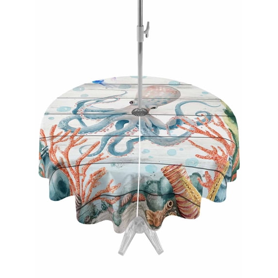 Outdoor Tablecloth with Umbrella Hole for Patio/Picnic/Party/Camping, Octopus Coastal Waterproof Table Cloth Round Cover Washable, Summer Nautical Starfish Coral Grey Wooden (Dia 60")