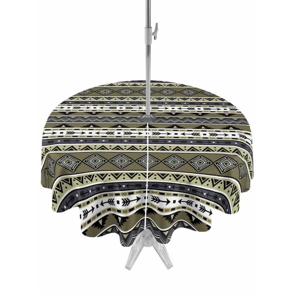 Outdoor Tablecloth with Umbrella Hole for Patio/Picnic/Party/Camping, Olive Black Boho Waterproof Table Cloth Round Cover Washable, Vintage Tribal Striped Southwestern (Dia 54")
