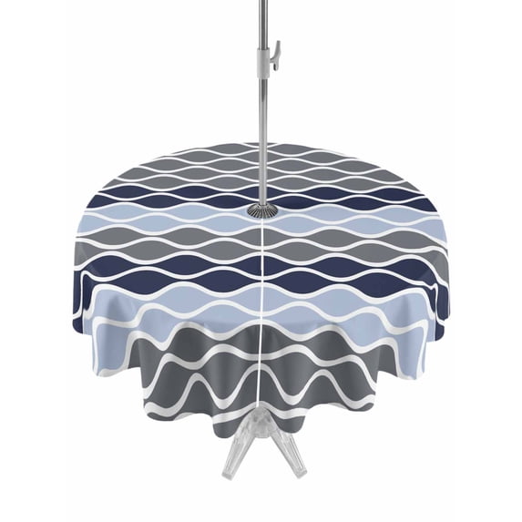 Outdoor Tablecloth with Umbrella Hole for Patio/Picnic/Party/Camping, Ombre Blue Grey Waterproof Table Cloth Round Cover Washable, Modern Abstract Waves Morocco Striped (Dia 60")
