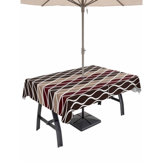 Outdoor Tablecloth with Umbrella Hole for Patio/Picnic/Party/Camping, Ombre Brown Waterproof Table Cloth Rectangle Table Cover Washable, Modern Abstract Waves Morocco Striped (60"x 102")