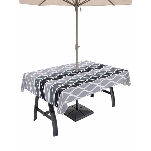 Outdoor Tablecloth with Umbrella Hole for Patio/Picnic/Party/Camping, Ombre Grey Waterproof Table Cloth Rectangle Table Cover Washable, Modern Abstract Waves Morocco Striped (52"x 70")