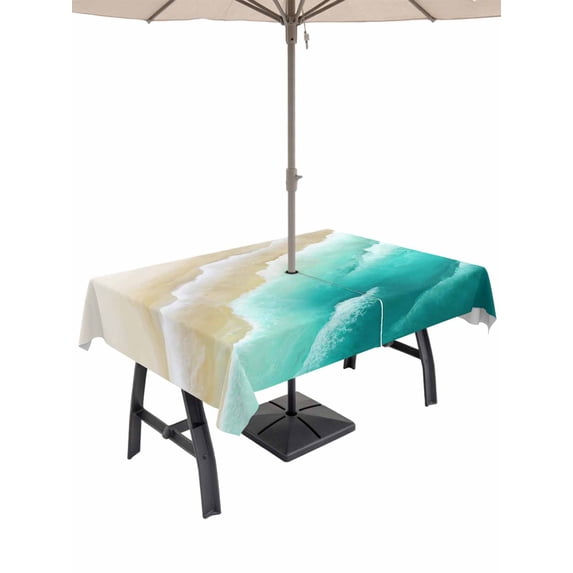 Outdoor Tablecloth with Umbrella Hole for Patio/Picnic/Party/Camping, Ombre Turquoise Ocean Waterproof Table Cloth Rectangle Table Cover Washable, Gradient Coastal Beach Waves Summer (60"x 120")