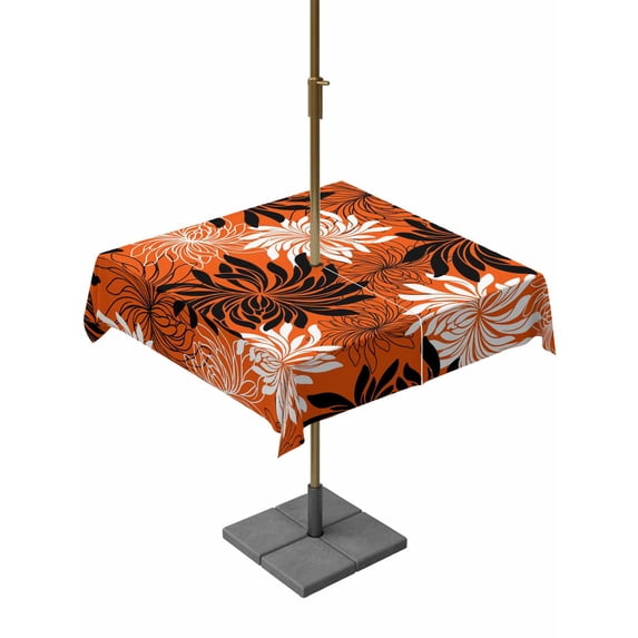 Outdoor Tablecloth with Umbrella Hole for Patio/Picnic/Party/Camping, Orange Black Flowers Waterproof Table Cloth Square Cover Washable, Modern Abstract Blooms Floral (60"x 60")