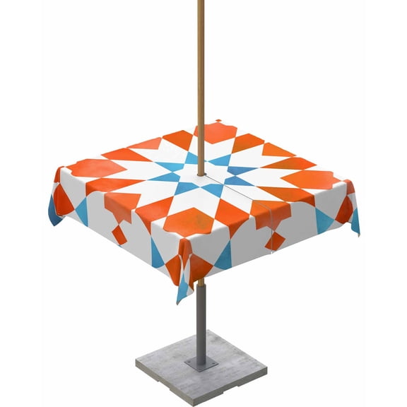 Outdoor Tablecloth with Umbrella Hole for Patio/Picnic/Party/Camping, Orange Blue Boho Waterproof Table Cloth Square Cover Washable, Modern Ethnic Abstract Geometric 60"x 60"