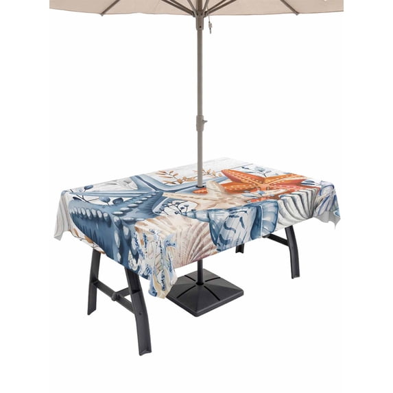 Outdoor Tablecloth with Umbrella Hole for Patio/Picnic/Party/Camping, Orange Blue Starfish Coastal Waterproof Table Cloth Rectangle Table Cover Washable, Summer Beach Eucalyptus Retro (60"x 120")