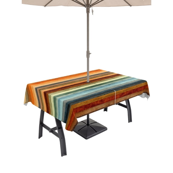 Outdoor Tablecloth with Umbrella Hole for Patio/Picnic/Party/Camping, Orange Brown Wooden Waterproof Table Cloth Rectangle Table Cover Washable, Farmhouse Striped Modern Art (60"x 102")