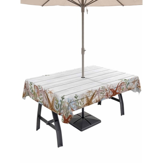 Outdoor Tablecloth with Umbrella Hole for Patio/Picnic/Party/Camping, Orange Coastal Starfish Waterproof Table Cloth Rectangle Table Cover Washable, Summer Ocean Sea Corals Wood Grain (60"x 120")