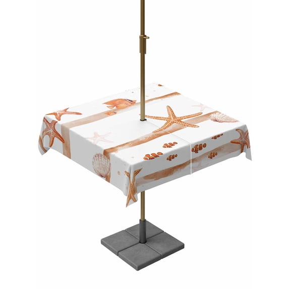 Outdoor Tablecloth with Umbrella Hole for Patio/Picnic/Party/Camping, Orange Coastal Starfish Waterproof Table Cloth Square Cover Washable, Summer Conch Sea Fish Stripes (60"x 60")