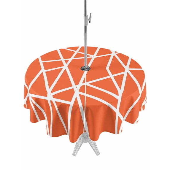 Outdoor Tablecloth with Umbrella Hole for Patio/Picnic/Party/Camping, Orange Geometric Waterproof Table Cloth Round Cover Washable, Abstract Stripes Modern Simple (Dia 60")