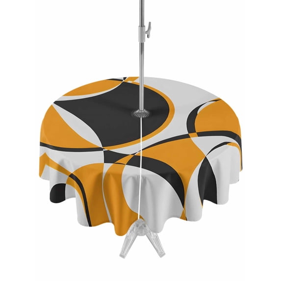 Outdoor Tablecloth with Umbrella Hole for Patio/Picnic/Party/Camping, Orange Geometric Waterproof Table Cloth Round Cover Washable, Modern Abstract Lines Textured (Dia 60")