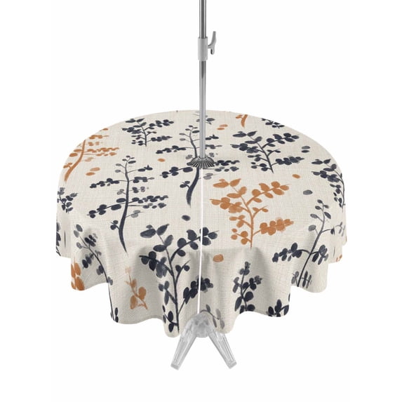 Outdoor Tablecloth with Umbrella Hole for Patio/Picnic/Party/Camping, Orange Grey Botanical Waterproof Table Cloth Round Cover Washable, Rustic Country Spring Floral Summer Leaf (Dia 60")