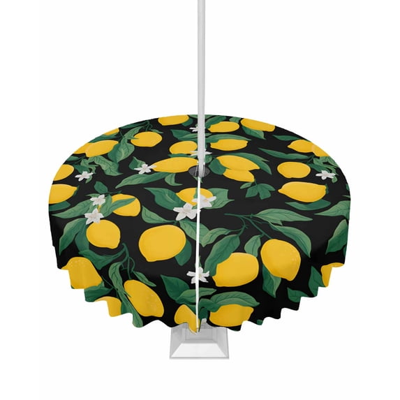 Outdoor Tablecloth with Umbrella Hole for Patio/Picnic/Party/Camping, Orange Lemon Waterproof Table Cloth Round Cover Washable, Spring Leaves Vintage Pastoral Country Dia 54"