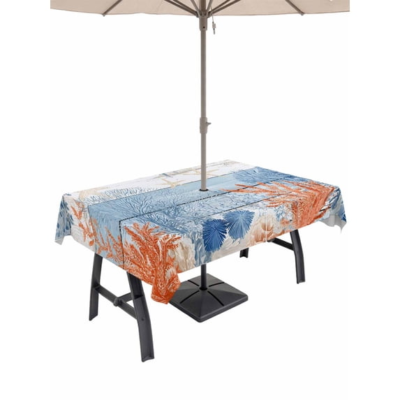 Outdoor Tablecloth with Umbrella Hole for Patio/Picnic/Party/Camping, Orange Navy Blue Coral Waterproof Table Cloth Rectangle Table Cover Washable, Summer Beach Coastal Ocean Blue Wood (60"x 84")