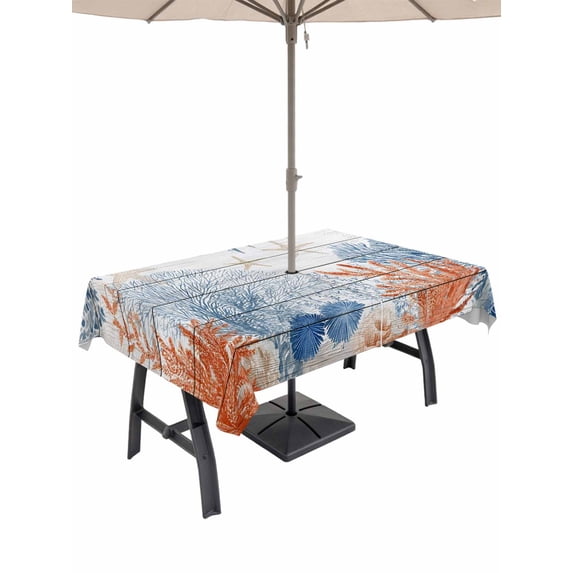 Outdoor Tablecloth with Umbrella Hole for Patio/Picnic/Party/Camping, Orange Navy Blue Coral Waterproof Table Cloth Rectangle Table Cover Washable, Summer Beach Coastal Ocean Wooden (60"x 84")