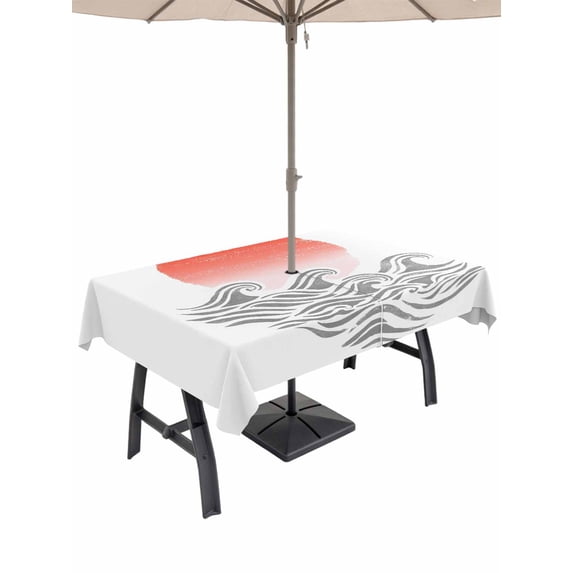 Outdoor Tablecloth with Umbrella Hole for Patio/Picnic/Party/Camping, Orange Ombre Sun Rise Waterproof Table Cloth Rectangle Table Cover Washable, Ocean Waves Coastal Abstract Art (54"x 80")