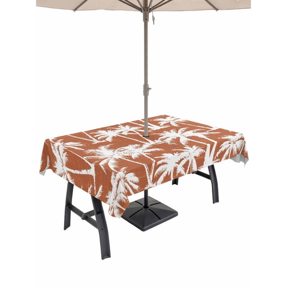 Outdoor Tablecloth with Umbrella Hole for Patio/Picnic/Party/Camping, Orange Palm Tree Summer Waterproof Table Cloth Rectangle Table Cover Washable, Beach Tropical Botanical Coastal (52"x 70")
