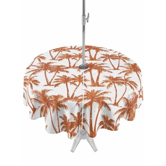Outdoor Tablecloth with Umbrella Hole for Patio/Picnic/Party/Camping, Orange Palm Tree Waterproof Table Cloth Round Cover Washable, Summer Tropical Tree Coastal Beach (Dia 54")