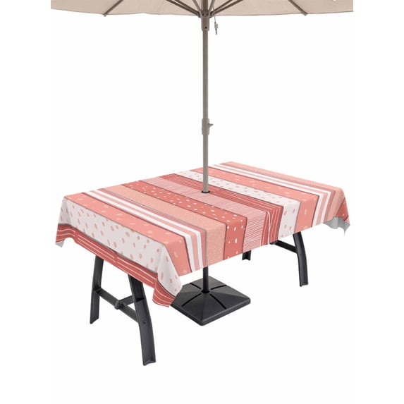 Outdoor Tablecloth with Umbrella Hole for Patio/Picnic/Party/Camping, Orange Red Stripe Waterproof Table Cloth Rectangle Table Cover Washable, Summer Country Polka Dot Wooden Grain (52"x 70")