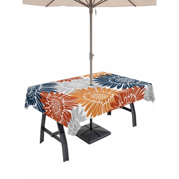 Outdoor Tablecloth with Umbrella Hole for Patio/Picnic/Party/Camping, Orange Red Sunflowers Waterproof Table Cloth Rectangle Table Cover Washable, Boho Retro Floral Rustic Blossom (52"x 70")