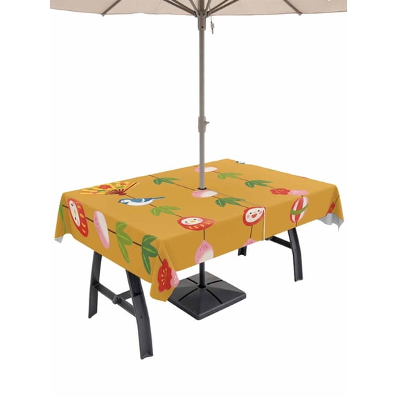 Outdoor Tablecloth with Umbrella Hole for Patio/Picnic/Party/Camping, Orange Spring Floral Waterproof Table Cloth Rectangle Table Cover Washable, Green Botanical Summer Flower Birds (60"x 102")