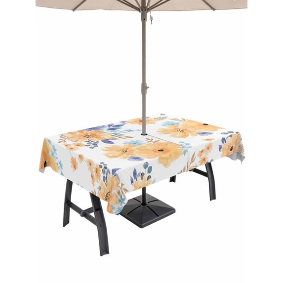 Outdoor Tablecloth with Umbrella Hole for Patio/Picnic/Party/Camping, Orange Watercolor Floral Waterproof Table Cloth Rectangle Table Cover Washable, Spring Flower Abstract Art (60"x 102")