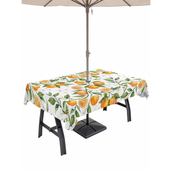 Outdoor Tablecloth with Umbrella Hole for Patio/Picnic/Party/Camping, Orange Waterproof Table Cloth Rectangle Table Cover Washable, Green Botanical Watercolor Summer Fruits (54"x 80")