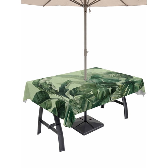 Outdoor Tablecloth with Umbrella Hole for Patio/Picnic/Party/Camping, Palm Leaves Tropical Waterproof Table Cloth Rectangle Table Cover Washable, Green Botanical Summer Green Ombre (60"x 120")