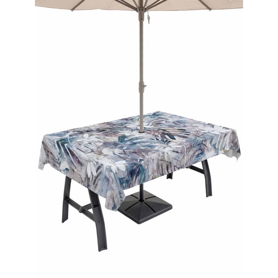 Outdoor Tablecloth with Umbrella Hole for Patio/Picnic/Party/Camping, Palm Leaves Waterproof Table Cloth Rectangle Table Cover Washable, Spring Tropical Leaf Botanical Vintage Blue (60"x 102")