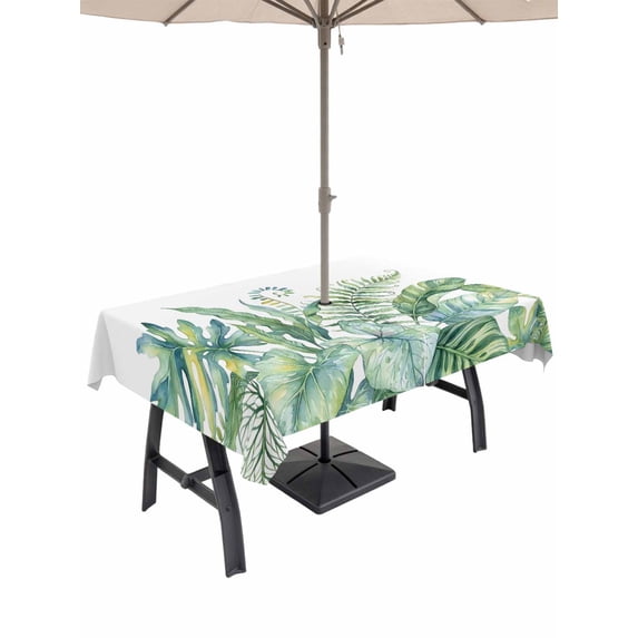 Outdoor Tablecloth with Umbrella Hole for Patio/Picnic/Party/Camping, Palm Leaves Waterproof Table Cloth Rectangle Table Cover Washable, Summer Watercolor Tropical Leaf Botanical Green (60"x 102")