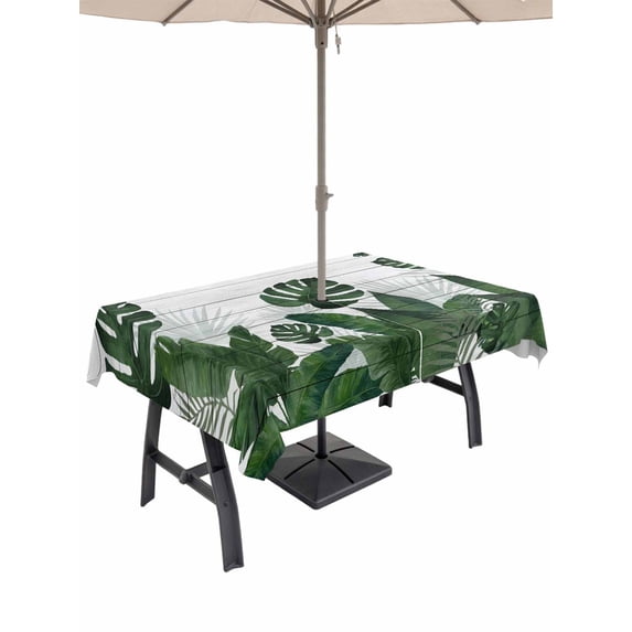 Outdoor Tablecloth with Umbrella Hole for Patio/Picnic/Party/Camping, Palm Leaves Waterproof Table Cloth Rectangle Table Cover Washable, Tropical Botanical Leaf Summer Wooden Gray (54"x 80")