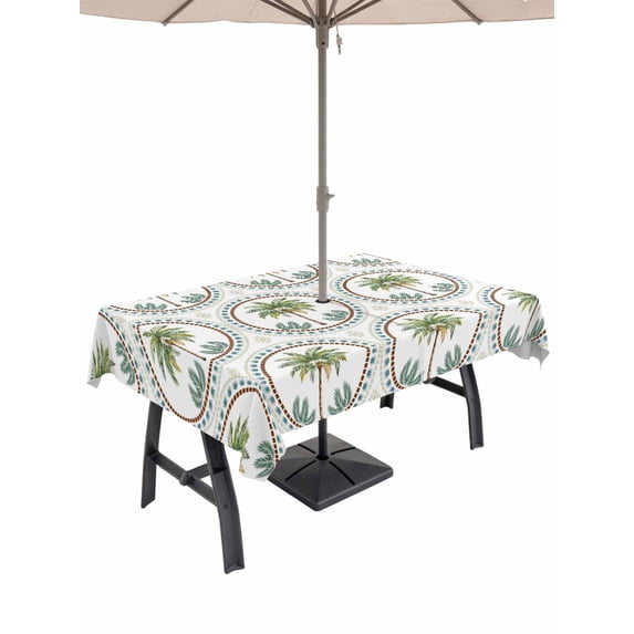 Outdoor Tablecloth with Umbrella Hole for Patio/Picnic/Party/Camping, Palm Trees Waterproof Table Cloth Rectangle Table Cover Washable, Green Summer Botanical Watercolor (60"x 120")