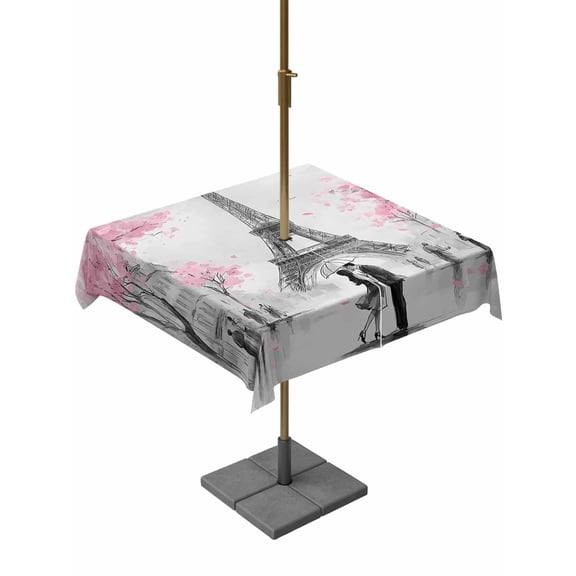 Outdoor Tablecloth with Umbrella Hole for Patio/Picnic/Party/Camping, Paris Eiffel Tower Waterproof Table Cloth Square Cover Washable, Sweet Couple Romantic Pink Cherry Blossom (54"x 54")