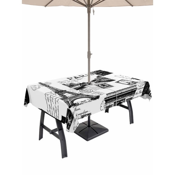 Outdoor Tablecloth with Umbrella Hole for Patio/Picnic/Party/Camping, Paris Tower Waterproof Table Cloth Rectangle Table Cover Washable, Vintage Architectural Hand-Painted Aesthetic (60"x 120")