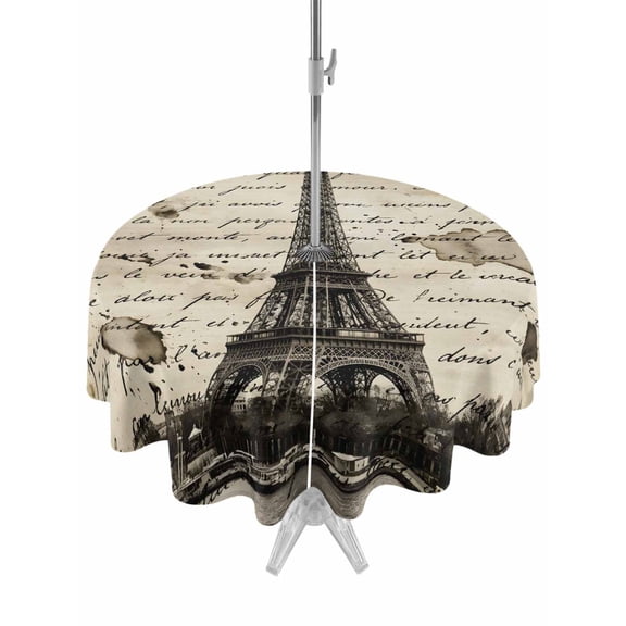Outdoor Tablecloth with Umbrella Hole for Patio/Picnic/Party/Camping, Paris Tower Waterproof Table Cloth Round Cover Washable, Vintage Words Beige Grey (Dia 60")