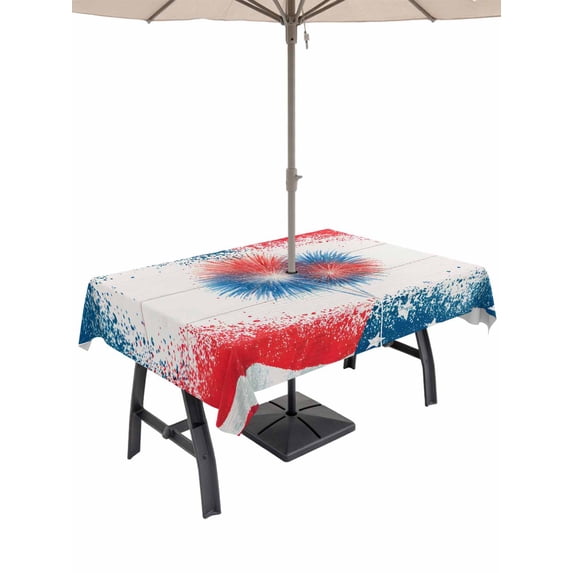 Outdoor Tablecloth with Umbrella Hole for Patio/Picnic/Party/Camping, Patriotic 250 Waterproof Table Cloth Rectangle Table Cover Washable, Blue Red Fireworks American Cream Wood (60"x 84")