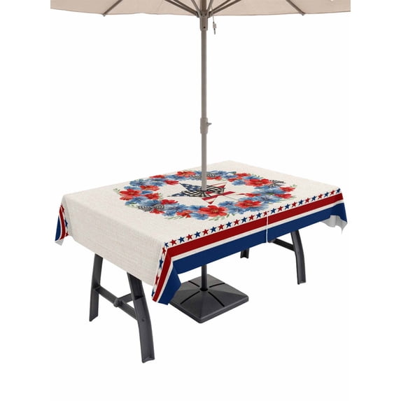Outdoor Tablecloth with Umbrella Hole for Patio/Picnic/Party/Camping, Patriotic American Flag Waterproof Table Cloth Rectangle Table Cover Washable, Blue Red Flowers Wreath Retro Beige (52"x 70")