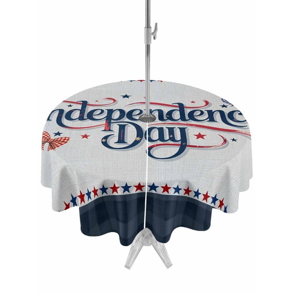 Outdoor Tablecloth with Umbrella Hole for Patio/Picnic/Party/Camping, Patriotic Anniversary Waterproof Table Cloth Round Cover Washable, Independence 250 4th of July Blue Plaid (Dia 54")