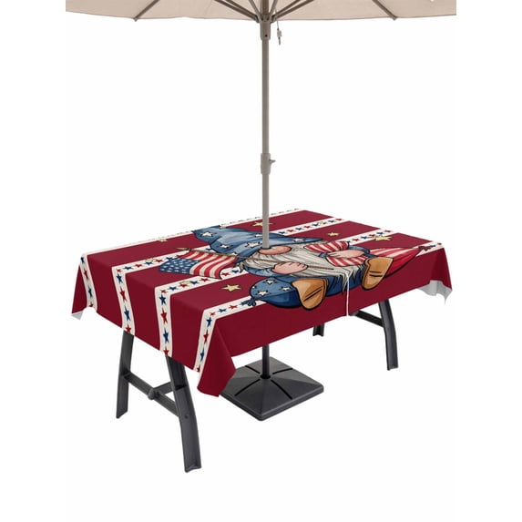 Outdoor Tablecloth with Umbrella Hole for Patio/Picnic/Party/Camping, Patriotic Gnomes Waterproof Table Cloth Rectangle Table Cover Washable, Independence 250 Memorial Red Striped (60"x 84")