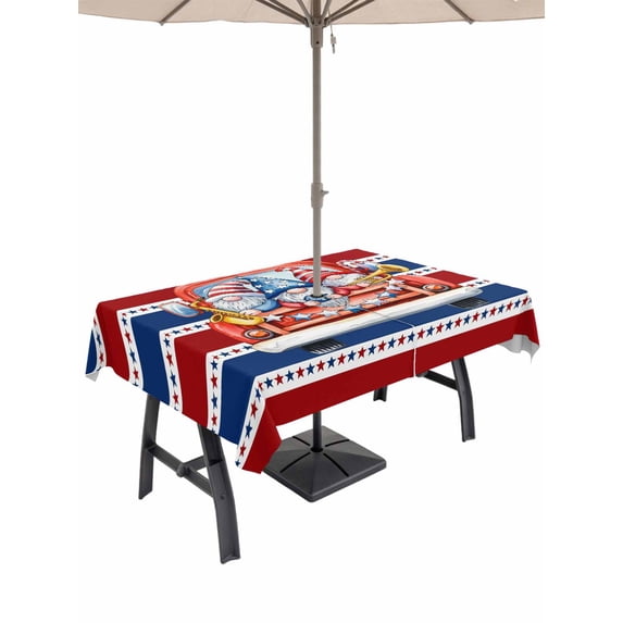 Outdoor Tablecloth with Umbrella Hole for Patio/Picnic/Party/Camping, Patriotic Gnomes Waterproof Table Cloth Rectangle Table Cover Washable, Independence Freedom Blue Red Striped (54"x 80")