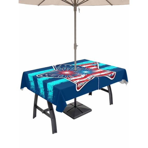 Outdoor Tablecloth with Umbrella Hole for Patio/Picnic/Party/Camping, Patriotic USA Flag Waterproof Table Cloth Rectangle Table Cover Washable, Independence Day Firework Blue Striped (60"x 84")