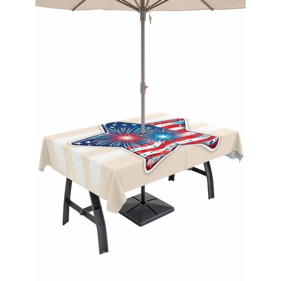 Outdoor Tablecloth with Umbrella Hole for Patio/Picnic/Party/Camping, Patriotic USA Flag Waterproof Table Cloth Rectangle Table Cover Washable, Independence Day Firework Cream Striped (52"x 70")