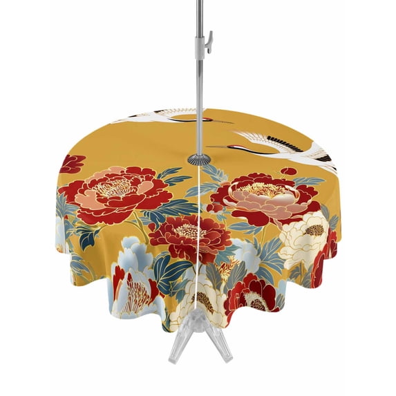 Outdoor Tablecloth with Umbrella Hole for Patio/Picnic/Party/Camping, Peony Birds Waterproof Table Cloth Round Cover Washable, Farmhouse Japanese Budding Flowers Animals (Dia 54")