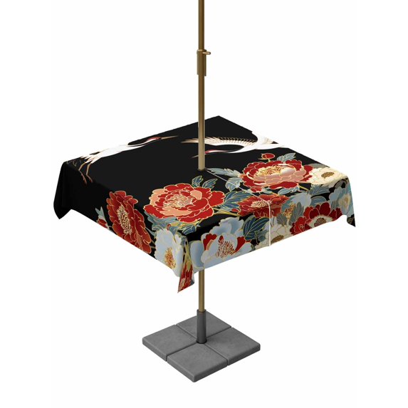 Outdoor Tablecloth with Umbrella Hole for Patio/Picnic/Party/Camping, Peony White Bird Waterproof Table Cloth Square Cover Washable, Black Farmhouse Retro Japanese Floral (54"x 54")